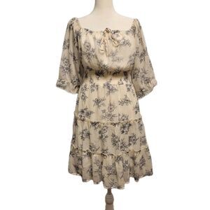 Cottagecore Floral Chiffon Dress Womens Large Off Shoulder Puff Sleeve Ruffles